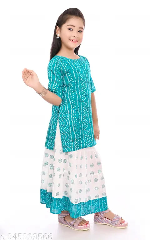 Lovely Fashion Girls New Ethnic Jaipuri Printed Rayon Kurta & Skirts Sets (sea green) )