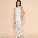 Jakanary White Cotton Schiffli Embroidered Cuff Sleeve Top and Elasticated Pant Girls Set