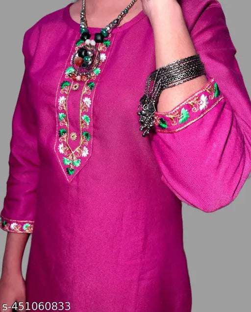 WOMEN EMBROIDERED WOOLEN STRAIGHT KURTI/PASHMINA KURTI/WOOL KURTI/ TOOL FABRIC KURTI