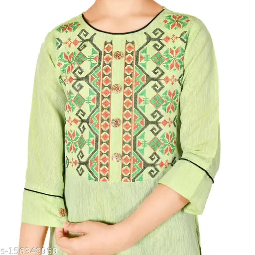 Sevgi Girl's Chanderi Cotton Blend Embroidered Kurti with Leggings Set