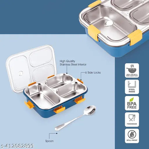 3 Compartment Stainless Steel Lunch Box with Steel Cutlery Inside(Spoon), Heating & Water Insulation Design Use for Office, School & Travelling, 750 Ml - Blue