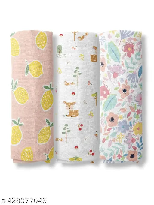 haus & kinder 100% Cotton Muslin Swaddle for babies, Size 100cm x 100cm Each | Citrus Groove Collection| Pack of 3