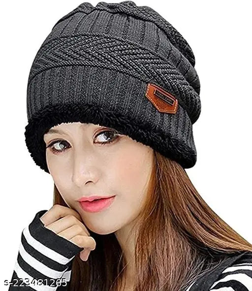 Tomkot Men's and womens Snow Proof Woolen Cap Inside Fur Warm Winter Soft Beanie Cap pack of 1.