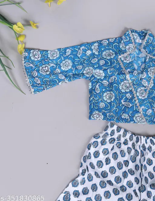 Spack Jerrow Cotton Floral Printed Top & Sharara Set for Kids Girls (BLUE)