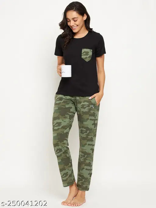 BIG BEAR Women's solid t-shirt & Army print pyjama set in black and camouflage