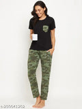 BIG BEAR Women's solid t-shirt & Army print pyjama set in black and camouflage