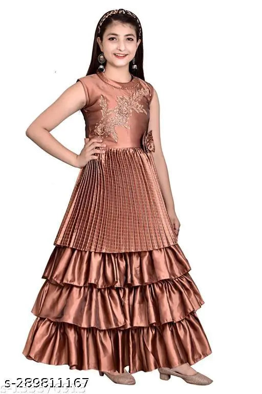 Fancy Embroidered Silk Partywear Frock & Dresses For Girls (Coffee). Latest Ethnic Gowns For Girls, Most Selling Girls Silk Dresses For Party & Wedding Under 499, Lowest Price Dresses & Gowns