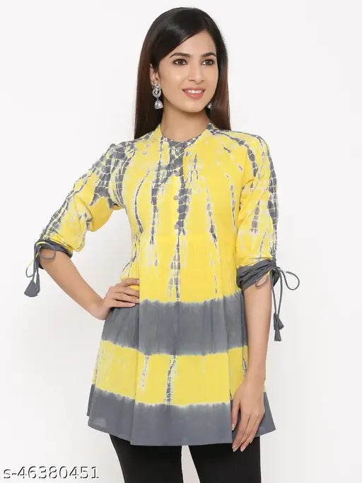 Kipek Women's Yellow & Grey Tie Dye Printed 60's Cambric Tunic with Sleeves Tie-up Tops & Tunic