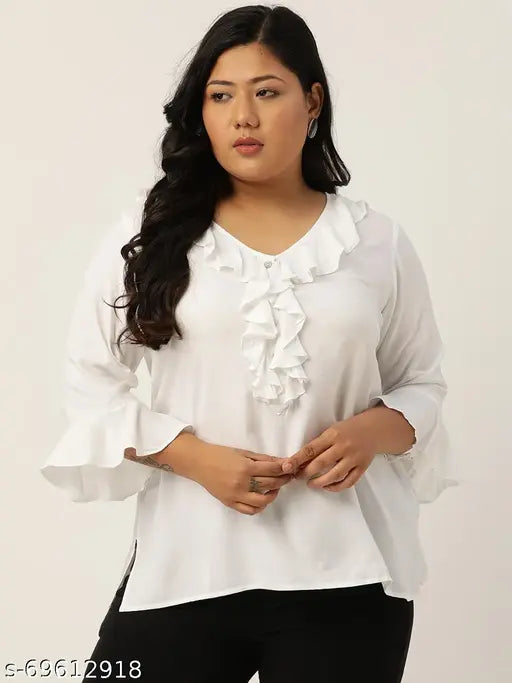 theRebelinme Plus Size Women's White Solid Color Bell Sleeve Regualr Top