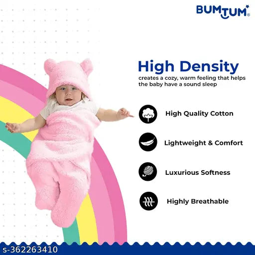 BUMTUM 3-in-1 Hooded Baby Soft Blanket Wrapper| Double Layered Swaddle For New Born Babies(Boys & Girls) 0-6 Months, Travel-Friendly (Pink)