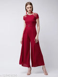 Miss Chase Women's Solid Round Neck Maroon Jumpsuits