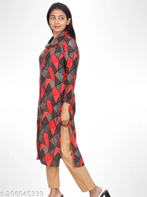 Plus Size Winter Wear Printed Womens kurta/Kurti Full Sleeve Shirt Coller..