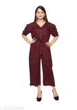 Ladik way: Trendy women Maroon solid long stylish jumpsuit puff sleeves v-neck closure button jumpsuit womens & girls.Elegant one-piece outfit, Modern jumpsuit design, Solid color jumpsuit, Women's party outfit, Fashionable women's and girls jumpsuit.