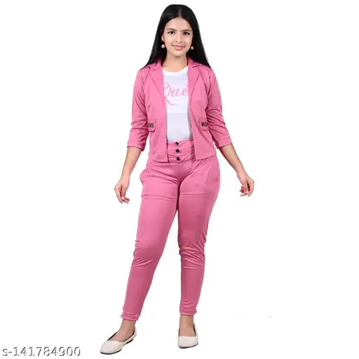 JMDFASHION Girls Pink Three Quarter Sleeves Jacket and Full Length Trouser with Queen Print Top (White), Casual top & bottom set, Trendy Latest, Girls 3 Pcs Set, Single Set for Flawsome Stylus