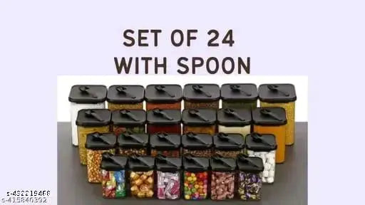 AIR TIGHT CONTAINER, KITCHEN STORAGE CONTAINER, FOOD STORAGE CONTAINER, PLASTIC CONTAINER, FRIDGE CONTAINER, GROCERY CONTAINER - WITH SPOON - 350ml, 650ml, 900ml,1400ml ( BLACK - 24 )