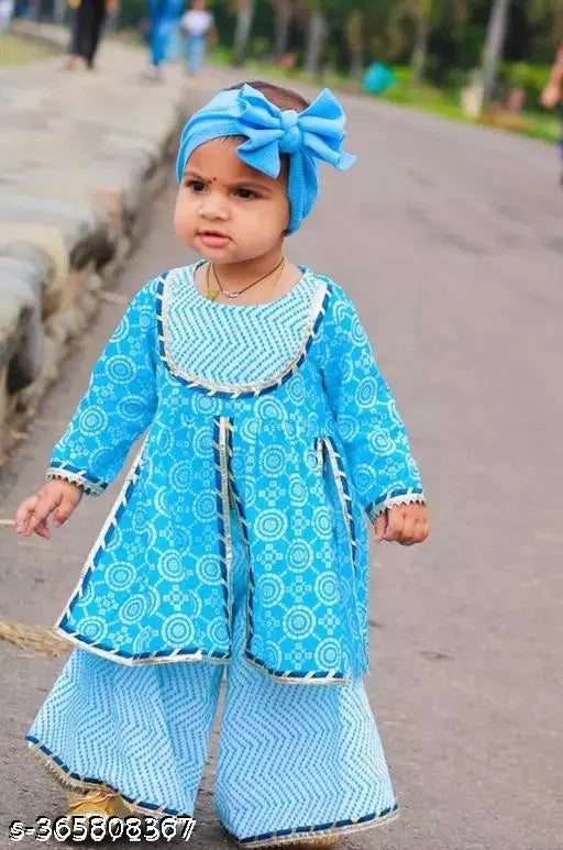 Baby Girls Pure Cotton Sanganeri Printed Blue color Kurti Sharara Set for girls