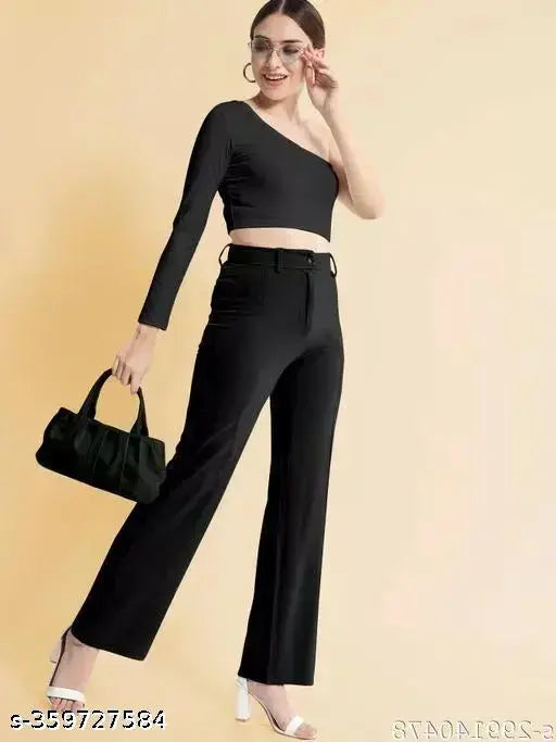 Fashion2wear Women's Solid Bell Bottoms Black Trousers & Pants