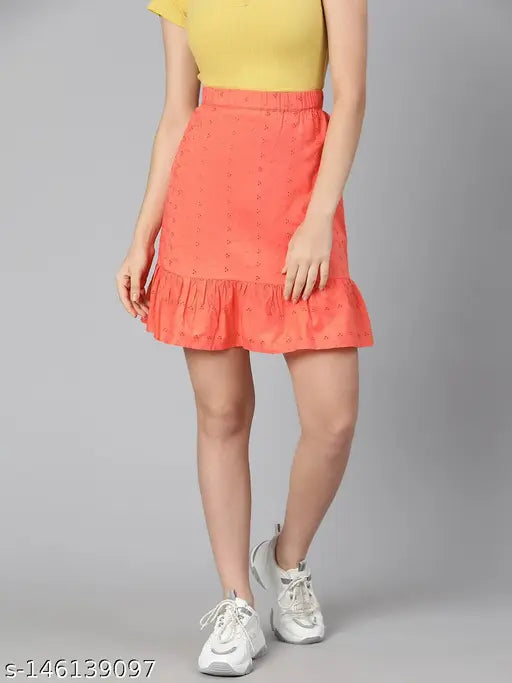 Oxolloxo Solid Color Regular Fit Orange Women Cotton Skirt