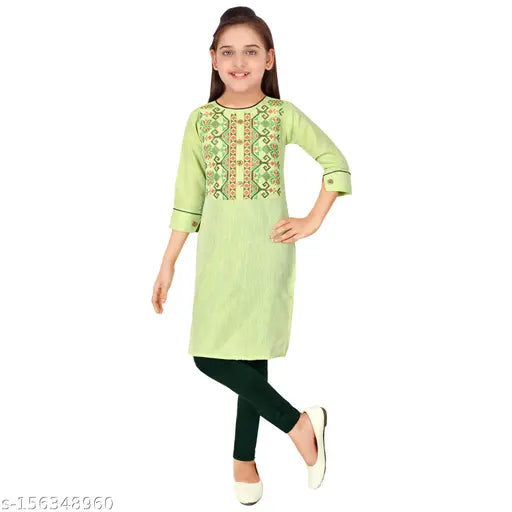 Sevgi Girl's Chanderi Cotton Blend Embroidered Kurti with Leggings Set