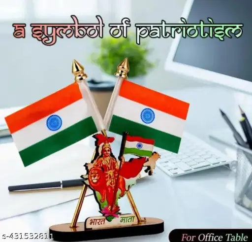 Flag Cross Design with Bharat MATA Symbol Stand for Car Dashboard, Office/Study Table