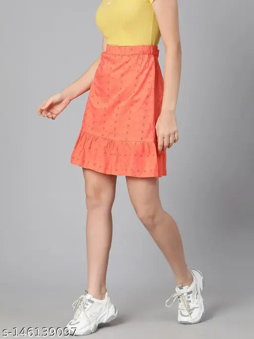 Oxolloxo Solid Color Regular Fit Orange Women Cotton Skirt