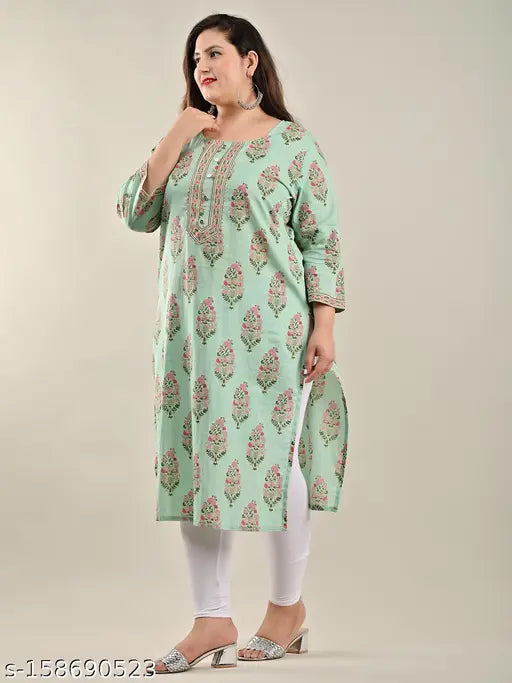 Swasti Women Printed Cotton Straight Kurta  (Green)