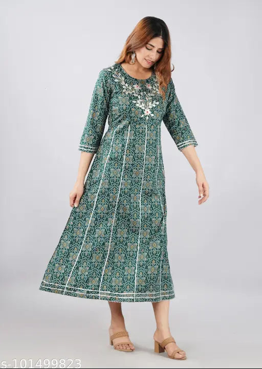 Women's Printed Lace Work Rayon Green Kurti