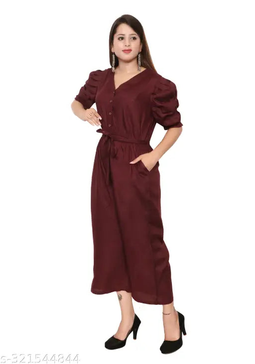 Ladik way: Trendy women Maroon solid long stylish jumpsuit puff sleeves v-neck closure button jumpsuit womens & girls.Elegant one-piece outfit, Modern jumpsuit design, Solid color jumpsuit, Women's party outfit, Fashionable women's and girls jumpsuit.