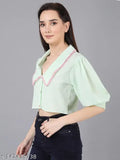 Jakanary Mint Green Stretchable Textured Long collared Contrast Lace Cotton Crop Shirt Tops