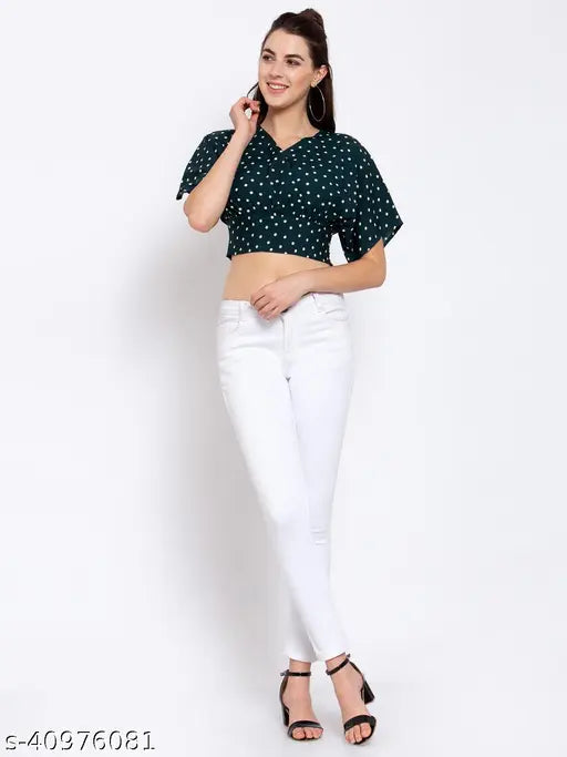 Style Quotient Women Green White Polka Dot Printed Crepe Regular Crop Top