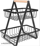 FreshDcart Double Layer Kitchen Fruit Holder Rack Vegetable Basket with Wood Handle for Home Kitchens (Black)