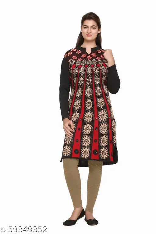 Women's A-line Self-Design Black Woollen Kurti