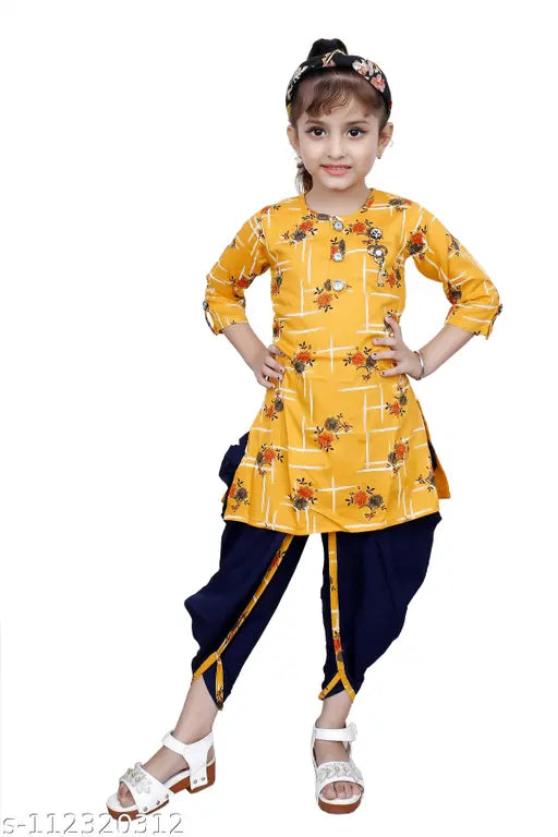 Hariyal Creation Kids Party/Festive Mustard Yellow Designer Checked Patiala Suit For Girls