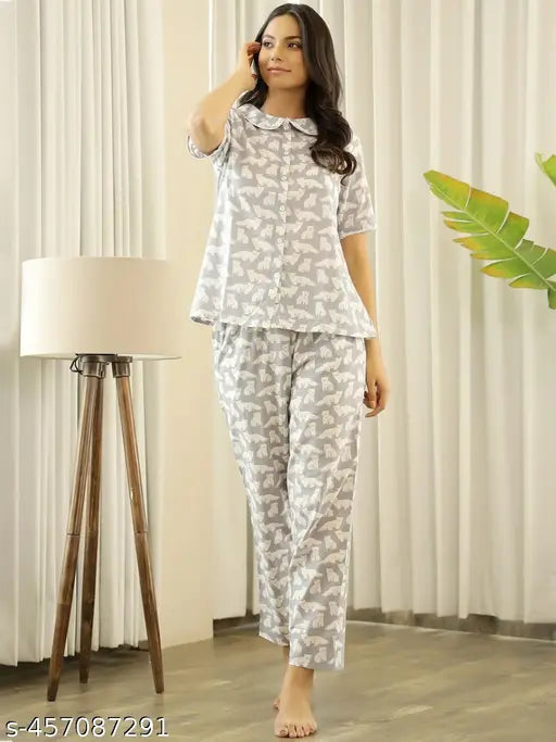 Women Printed Grey NightSuit