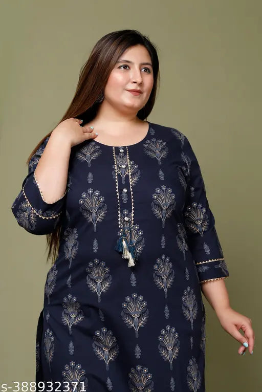 Gyapti Women Floral Print Plus Size Cotton Straight Kurta (Blue)