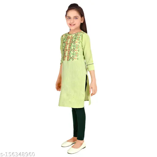 Sevgi Girl's Chanderi Cotton Blend Embroidered Kurti with Leggings Set