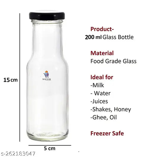 Machak 200 ml Glass Bottles for Milk, Juice with Rust Proof & Airtight Black Cap