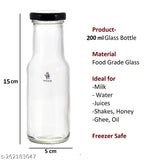 Machak 200 ml Glass Bottles for Milk, Juice with Rust Proof & Airtight Black Cap