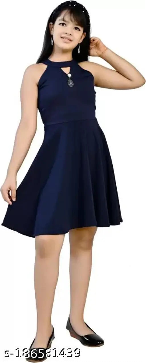 Girls Pretty Trendy Latest Stylish Fashionable Fancy Casual/Partywear Knee Length Sleeveless Fit And Flare Solid Navy Blue Midi With One Face Mask Cotton Blend Frocks & Blend 7-8 Years, 8-9 Years, 9-10 Years, 10-11 Years, 11-12 Years & 12-13 Years