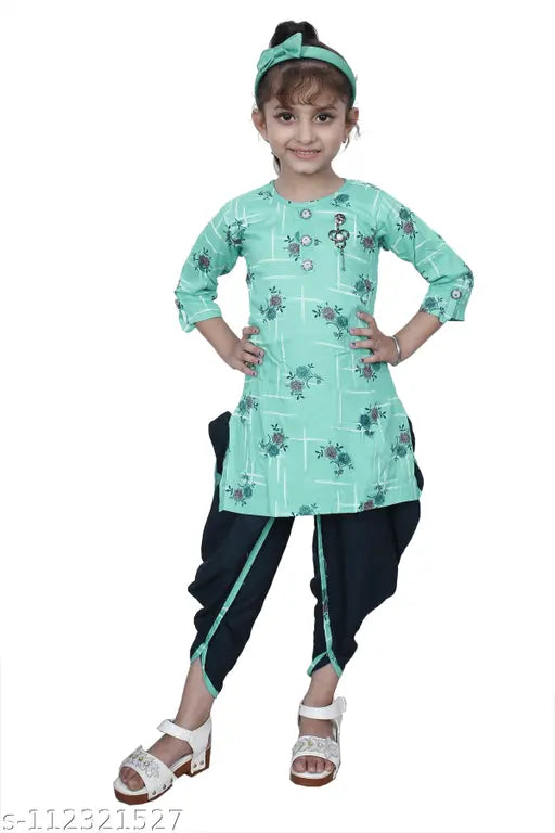 Hariyal Creation Kids Party/Festive Rama Green Designer Checked Patiala Suit For Girls