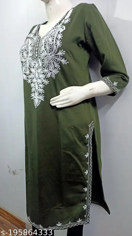 Stylish Olive Green Over White Embroidered Design Woolen Kurti for Women