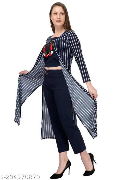 Stylish Feminine Women Pretty Trendy Latest Stylish Fashionable Regular Fit Casual Western Wear Navy Blue Striped Shrug Three Pieces Dress Full Kurta Set-1 Striped Full Length Fancy Navy Blue Shrug, 1 Embordered Navy Blue Top & 1 Full Length Navy Blue