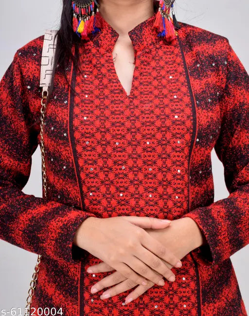 Women's Straight Printed Red Woollen Kurti