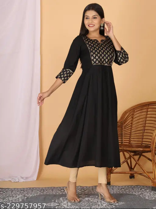 Nayra Cut Kurtis Women Viscose Rayon Ethnic Dress (Black, S-9XL)