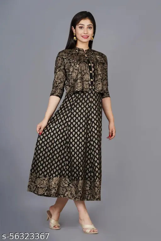 Women Printed Rayon Anarkali Kurti With jacket (Black)