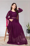 Anas#Garments Wine Three Set Georgette Lehenga And Choli With Long Shrug Set