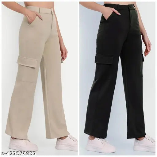 ALERA GARMENT l For Pocket l High Rise | Cargo Pants | Slanted Inset pocket & Patch with Flap | Straight Fit | Fit | Stretchable | Relaxed | Casual and Formal Wear | Trousers & Pant | PACK OF 2| COMBO