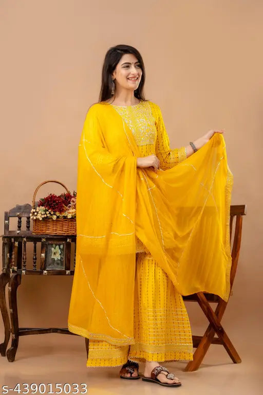 Veshviti Rayon Yellow Embroidered Gota Work Anarkali with Dupatta And Sharara Set Festive Collaction