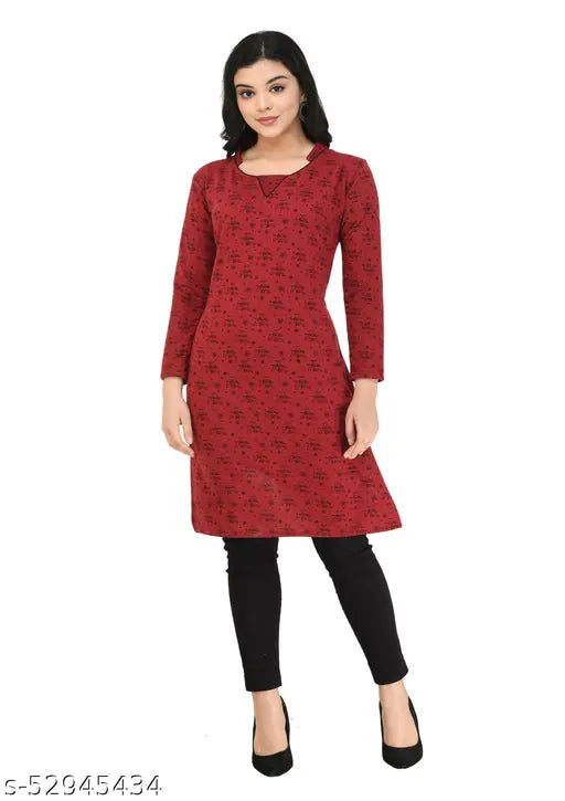 Women's Short Kurti Printed Red Woollen Kurti