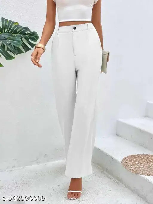 Trendy Regular Fit Full Length Cotton Blend White Color Women Pant Women Trouser